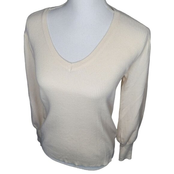 Ophelia Roe Sweater V Neck Bish Sleeve Yellow Ribbed Pullover Soft Womens Small - Picture 3 of 11